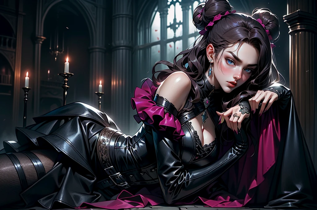 (masterpiece, top quality, best quality, official art, beautiful and aesthetic: 1.2), (1 woman: 1.3), long curly dark brown hair, ((fancy bun)), Victorian style, Victorian classic, extremely detailed, portrait, looking at the viewer, solo, (full body: 0.6), detailed background, close-up, mischievous eyes, magenta eyes (cold midnight castle theme: 1.1), vampire, long fangs, blood on chin, huge lips, charlatan, mischievous smile, mysterious, being seductive on the balcony, revealing gothic dress, extremely tight bodice, black costume, magenta skirts, off-the-shoulder, long sleeves, loose sleeves, black leather , cape, corset, black dress, fishnets, black high boots, buckles, straps, bags, glowing blood magic energy, dark magenta fabric, silver trim, black leather, extremely slim, slim waist, slim hips, medieval background (gothic castle exterior: 1.1), nocturnal, dark and mysterious lighting, shadows, magical atmosphere, laying on the ground. Very sexy, with chin resting on shoulder, abigail larson art style, perfect fingers