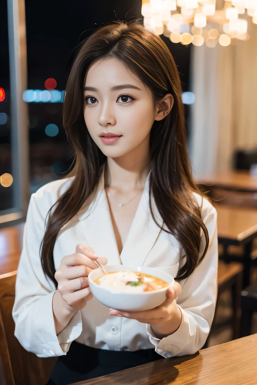 masterpiece, highest quality, Realistic, Very detailed, Finer details, High resolution, 8k wallpaper, One beautiful woman, Wear casual business attire, In a great restaurant, At night, Light brown messy hair, Perfect dynamic composition, Beautiful and beautiful eyes