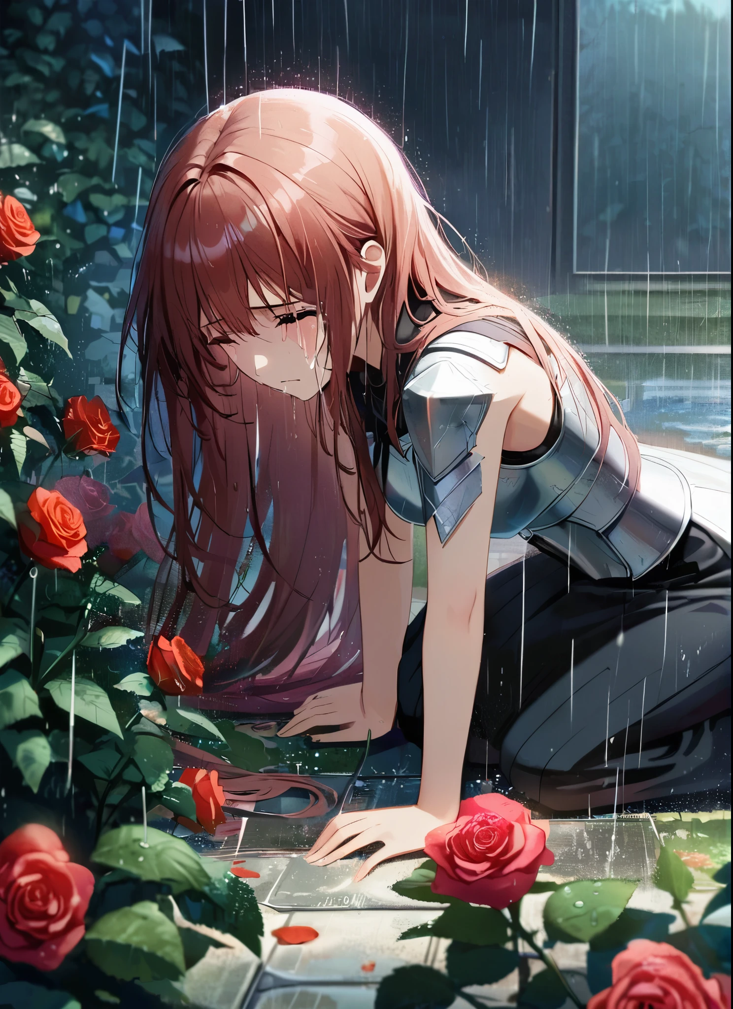 A girl, kneeling in the floor, wearing a shattered breastplate, shattered waistplate, in tears, sad, dramatic scene, tears flowing in the face, garden, roses, rain, ultra detailed face 