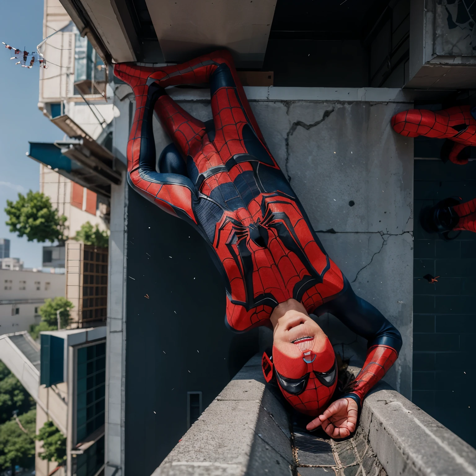 Photo of a boy in a spider-man outfit on top of a building