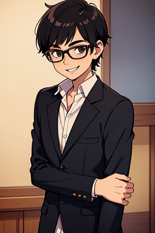 young boy with short black hair wearing glasses looking smart smiling