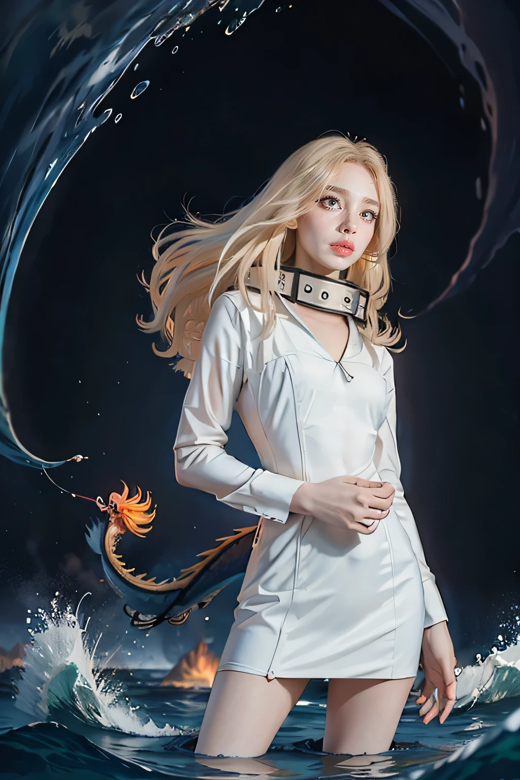 (masterpiece, top quality, best quality,1girl, long hair, (glowing:1.15), (team:1.1), (monarch:1.05),Long coat,surrounded by huge Chinese dragons,dragon open mouse,1girl,solo,light_blue_hair,liquid hair, long hair,floating hair, standing,sundress, liquid clothes, water,waves, tsunami,tide,sea,water dress, negative space,, 