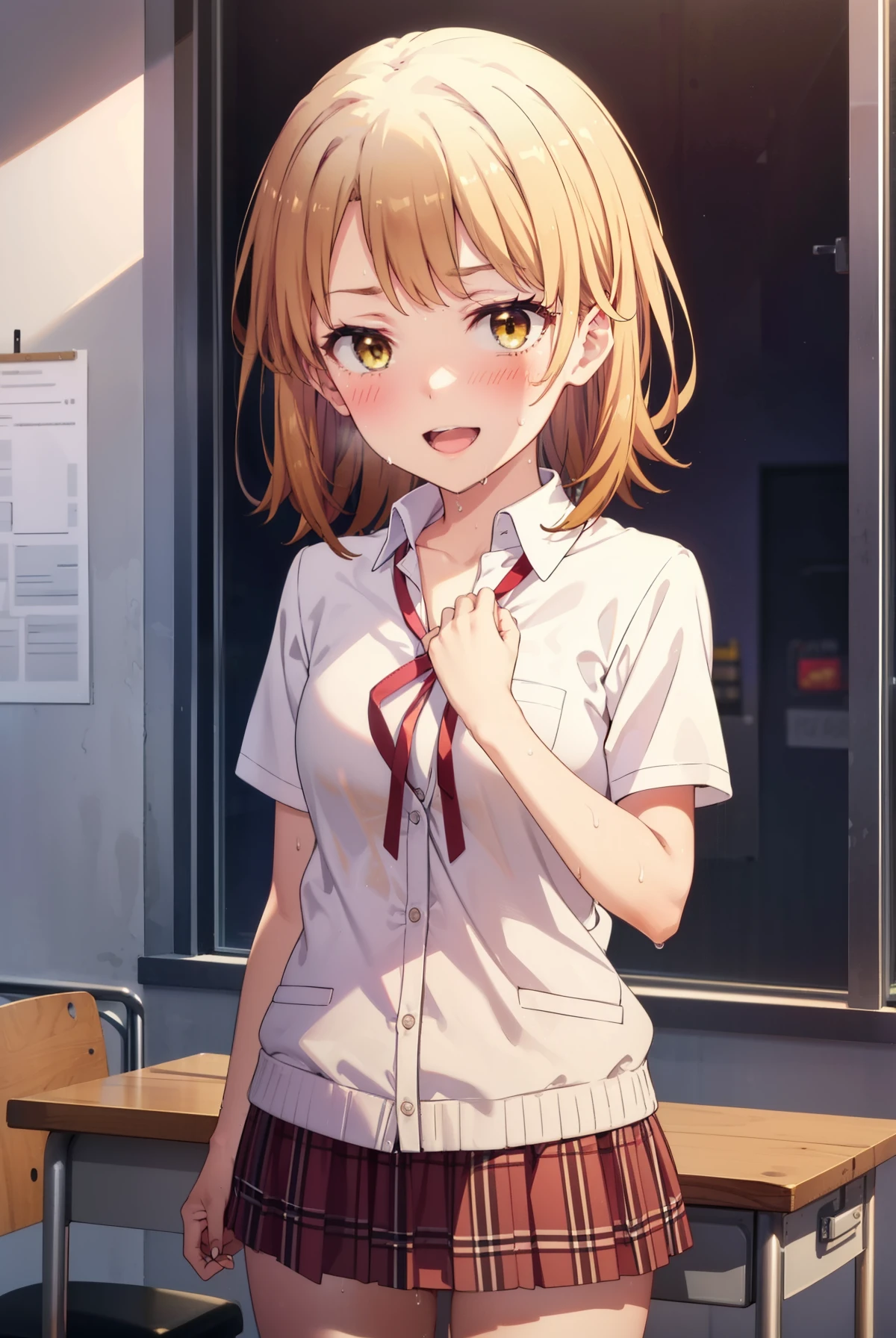 irohaisshiki, Iroha Isshiki, short hair, Brown Hair, (Brown eyes:1.5), happy smile, smile, Open your mouth,smile,blush,Sweat,Wet Hair,Wet Skin,Wet clothes,True Summer,Clear skies,Daytime,I put my hands on the desk and look up,
break skirt, shirt, Short sleeve,ribbon, , Jacket, white shirt, socks, Plaid, Knee-high, Plaid skirt, black socks, So that the whole body goes into the illustration,
break indoors, classroom,
break looking at viewer,(Cowboy Shot:1. 5)
break (masterpiece:1.2), highest quality, High resolution, unity 8k wallpaper, (figure:0.8), (Beautiful fine details:1.6), Highly detailed face, Perfect lighting, Highly detailed CG, (Perfect hands, Perfect Anatomy),