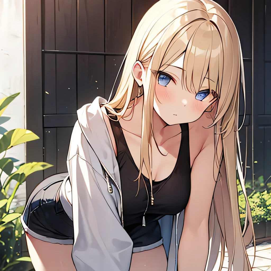masterpiece、highest quality,Very detailed, Absurd beauty、(1 beautiful girl、Long Hair、blonde、Ample breasts)、On all fours、Looking down、Keep your head small、Casual clothing、Summer clothes、Tank top、Shorts、Hooded jacket、Jacket is open、
