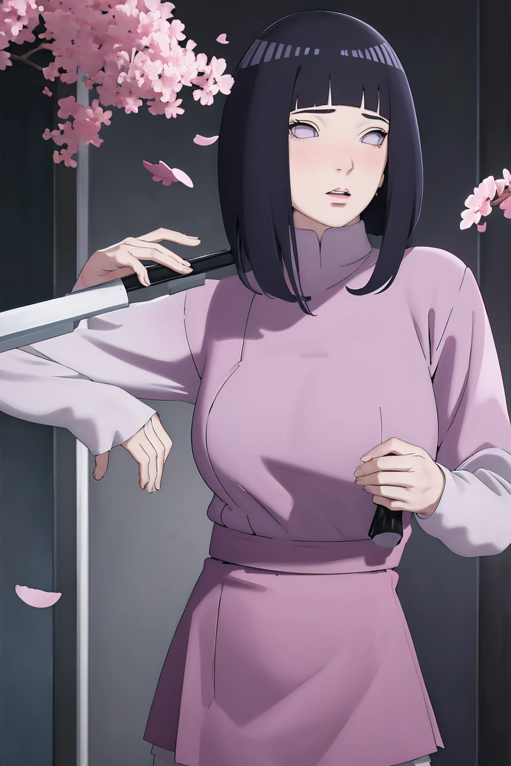 masterpiece, absurdres, hinata\(boruto\), 1girl, solo,mature female, tshirt long sleeve, high waist short skirt, looking at viewer, (falling petals), perfect composition, detailed lips, big breast, beautiful face, body propotion, blush, (pink lips), long hair,  purple eyes,  soft gaze,  super realistic, detailed, photoshoot, realistic face and body, thighhighs