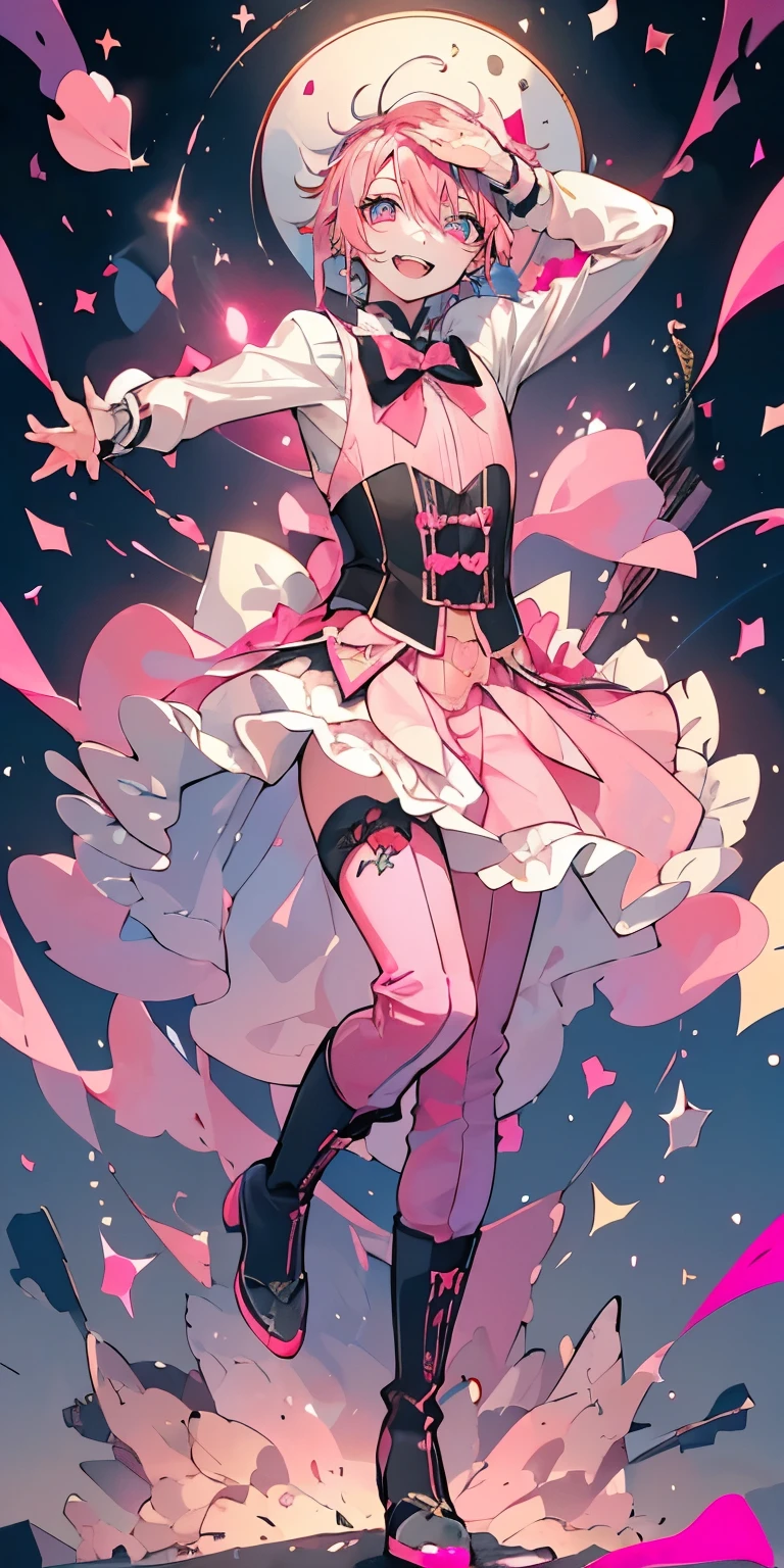 (Mastepiece), (Best Quality), Very detailed, ((1 boy)), Perfect Face, Beautiful Face, Very detailedな顔,((Pink Hair_short hair_Pink eyes:1.3)),Full body photography、Male solo idol、boots、(Half pants:1.2)、microphone、Concert Dome、Lots of confetti、(smile:1.4)、(Open your mouth wide)、sing、dance、Wink
