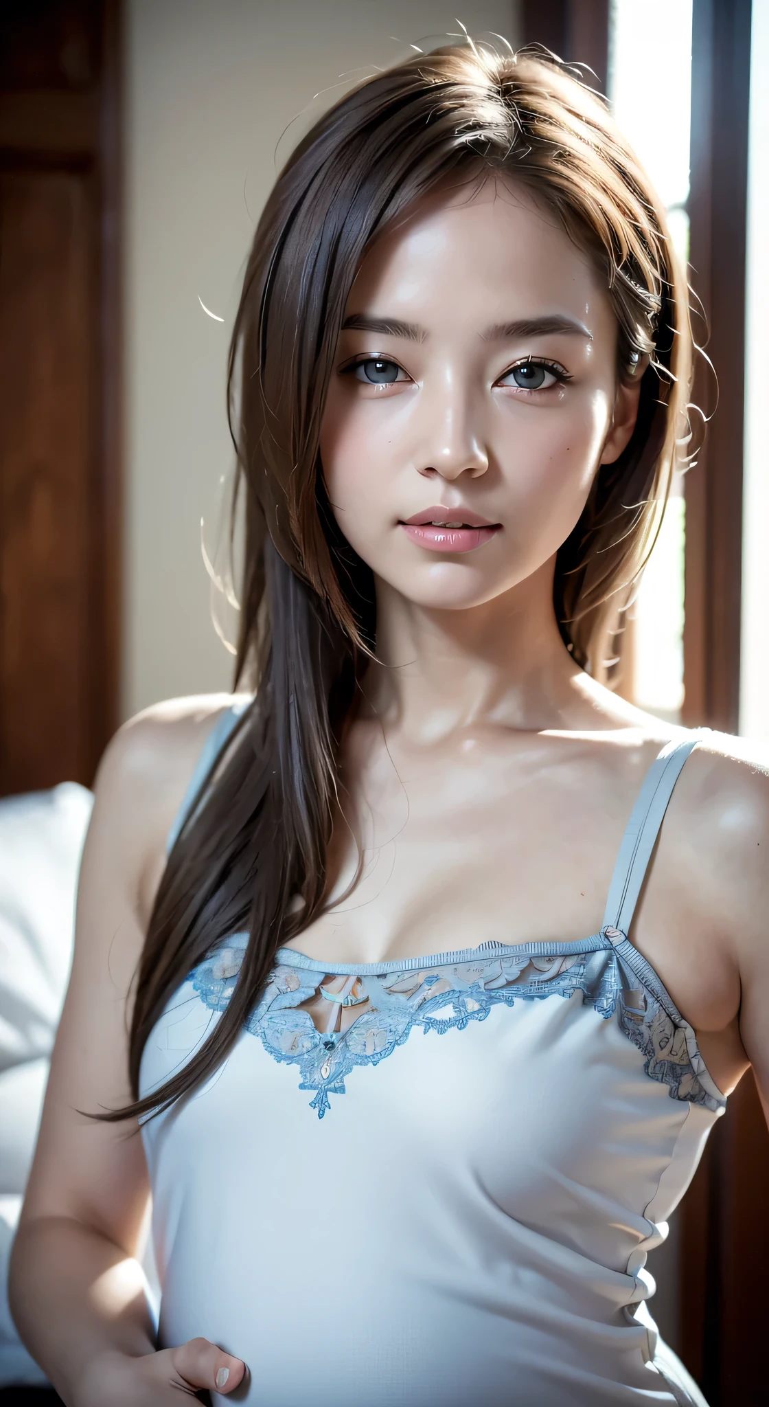 (masterpiece: 1.2, highest quality), (Actual photo, Intricate details), 1. Female, alone, Upper Body, casual, Shoulder-length hair, Minimal makeup, Natural materials, Face close-up, smile, Home, Gray Hair, blue eyes, Cat ear,Pregnant women