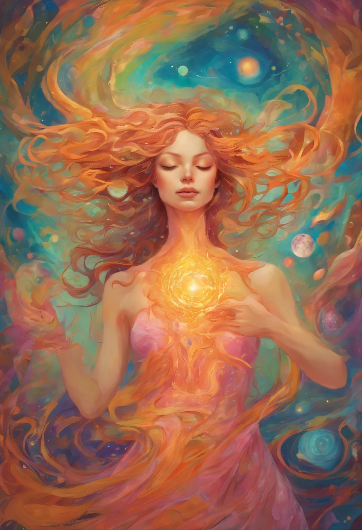 Surreal Goddess
Style: Surreal, soft contours, smooth color transitions. Inspired by colored pencil art with grainy texture and delicate details.
Figure:
Enigmatic goddess, serene, powerful.
Slender, graceful, flowing pose.
Long, wavy hair (golden, copper, auburn). Pale blue skin.
Mesmerizing eyes (green, blue, violet).
Flowing gown (white, beige, gold), draped elegantly, revealing details.
Hands:
Left hand emits a radiant golden glow (representing wisdom and solar power).
Right hand exudes a soft greenish glow (symbolizing growth and healing).
Chest: intense pink glow forms a luminous triangle (representing universal love and creation).
Symbolism:
Belly: Planet Earth subtly depicted, stylized (motherhood, nature connection, life creation).
Background: Vibrant blues, pinks, oranges, purples, blending seamlessly (ethereal, cosmic atmosphere). Sparkling stars, colorful nebulae (mystery, grandeur).