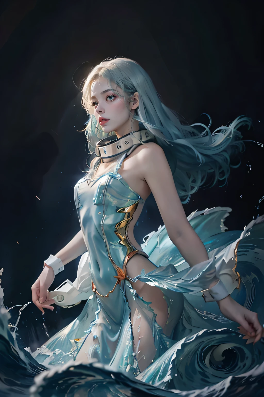 (masterpiece, top quality, best quality,1girl, long hair, (glowing:1.15), (team:1.1), (monarch:1.05),Long coat,surrounded by huge Chinese dragons,dragon open mouse,1girl,solo,light_blue_hair,liquid hair, long hair,floating hair, standing,sundress, liquid clothes, water,waves, tsunami,tide,sea,water dress, negative space,, 