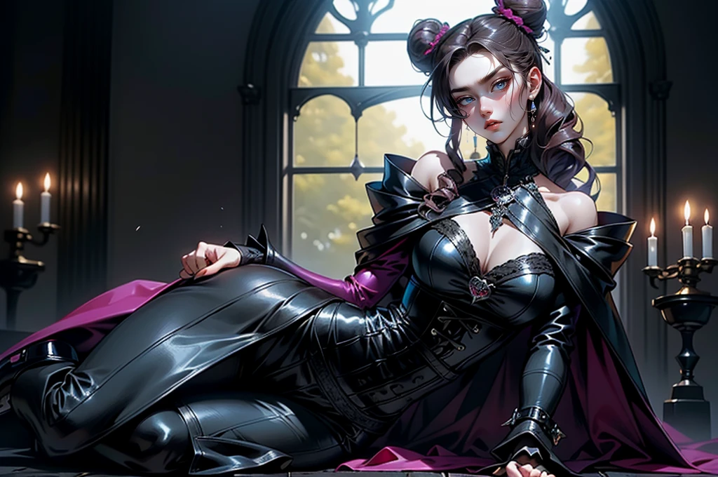 (masterpiece, top quality, best quality, official art, beautiful and aesthetic: 1.2), (1 woman: 1.3), long curly dark brown hair, ((fancy bun)), Victorian style, Victorian classic, extremely detailed, portrait, looking at the viewer, solo, (full body: 0.6), detailed background, close-up, mischievous eyes, magenta eyes (cold midnight castle theme: 1.1), vampire, long fangs, blood on chin, huge lips, charlatan, mischievous smile, mysterious, being seductive on the balcony, revealing gothic dress, extremely tight bodice, black costume, magenta skirts, off-the-shoulder, long sleeves, loose sleeves, black leather , cape, corset, black dress, fishnets, black high boots, buckles, straps, bags, glowing blood magic energy, dark magenta fabric, silver trim, black leather, extremely slim, slim waist, slim hips, medieval background (gothic castle exterior: 1.1), nocturnal, dark and mysterious lighting, shadows, magical atmosphere, laying on the ground. Very sexy, with chin resting on shoulder, abigail larson art style, perfect fingers, dinamic poses