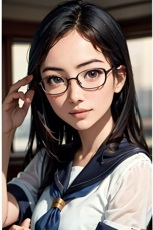 (masterpiece, highest quality), One Girl,  Satou, Satou, Glasses, 赤いフレームのGlasses, Navy blue sailor suit, Satou, Glasses, 赤いフレームのGlasses, 