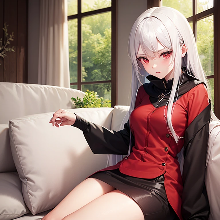 Anime girl with white hair and red eyes sitting on a sofa, , gapmoe yandere, White-haired God, zerochan art, change in dress, Enchanting anime girl, change, by Shimo, , Devil Anime Girl, shikamimi, Anime Moe Art Style, Black