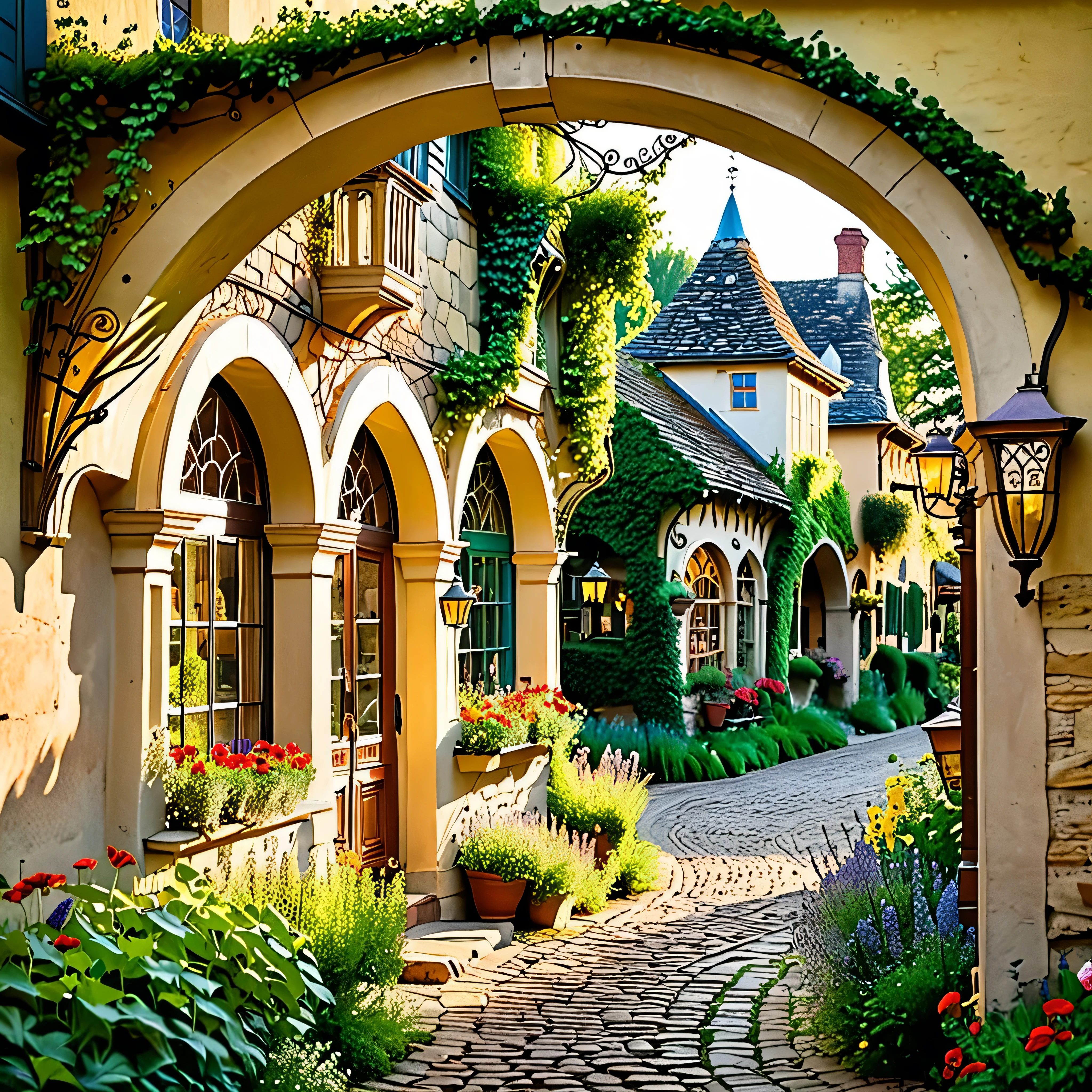 Step into the enchanting heart of Willowbrook Countryside Village as the golden light of dawn bathes Main Street in a warm, ethereal glow, casting long shadows and illuminating the charming old European-style buildings with their whimsical fantasy facades. From your vantage point, framed by the overhanging branches of ancient trees, you capture the scene unfolding before you—a picturesque tapestry of cobblestone streets winding through a landscape bursting with lush greenery and vibrant blooms. As you adjust your camera settings to capture the scene, you notice villagers bustling about their morning routines, their laughter and chatter echoing off the weathered stone walls. Children play in the streets, their laughter mingling with the sweet scent of wildflowers that fills the air. The architecture, adorned with intricate details and blooming window boxes, exudes a timeless elegance, while ivy-clad archways lead to hidden gardens bursting with color. In the distance, a babbling brook meanders through meadows carpeted in a riot of hues, attracting butterflies and birdsong in equal measure. As you press the shutter button, you realize that you've captured more than just a photograph—you've immortalized the magic and wonder of Willowbrook Village, a place where dreams come to life and anything is possible.
