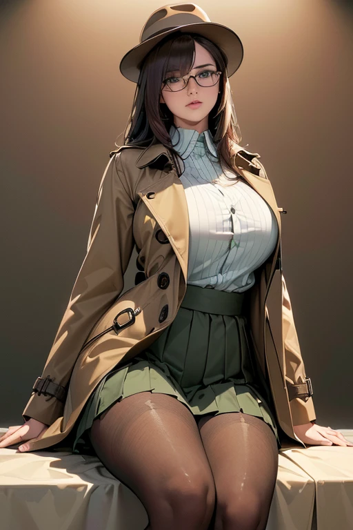 ((masterpiece)), (best quality:1.7), (detailed:1.4), (high res:1.4), 8k, (colorful:1.5), high resolution, sharped image, 4k, hd, (beautiful detailed background:1.2), (beautiful lighting:1.2), (highly detailed:1.2), perfect lighting, (8k wallpaper:1.2), (highly detailed:1.2), (extremely detailed CG:1.2), ((dark brown medium long straight hair with bangs covering an eye)), (hair bangs covering one eye), ((only dark brown hair)), ((DD bust)), ((busty)), curvy figure, (((hazel-green eyes))), (((detective outfit with brown tan trench coat and loose button blouse and a long length hazel-green pleated skirt and long stockings))), glasses, hat, serious expression, mature, ((30 year old)), human adult, tall, fullbody