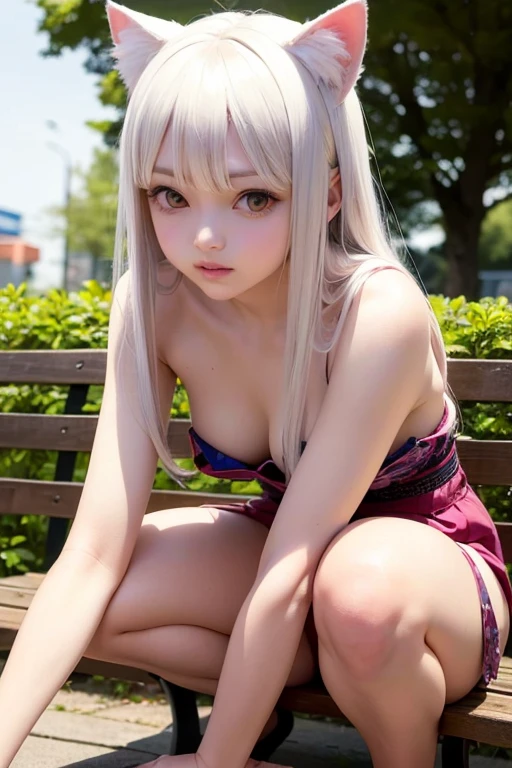 A girl wearing cat ears sitting on a bench, Perfect white hair girl, Beautiful anime girl crouching, Realistic young gravure idol, Enchanting anime girl, Japanese Goddess, shikamimi, , Real life anime girls, Real fleshy gravure idol, Beautiful face with arms and legs, Young Sensual Gravure Idol