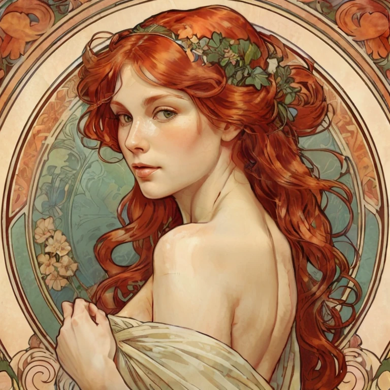 a close up of a woman with red hair and a wreath on her head, ginger. art nouveau, hyperrealistic art nouveau, mucha style 4k, art nouveau portrait, artgerm mucha, beauty art nouveau woman, artem demura alphonse mucha, alphonse mucha magali villeneuve, elegant art nouveau style, flat shading mucha