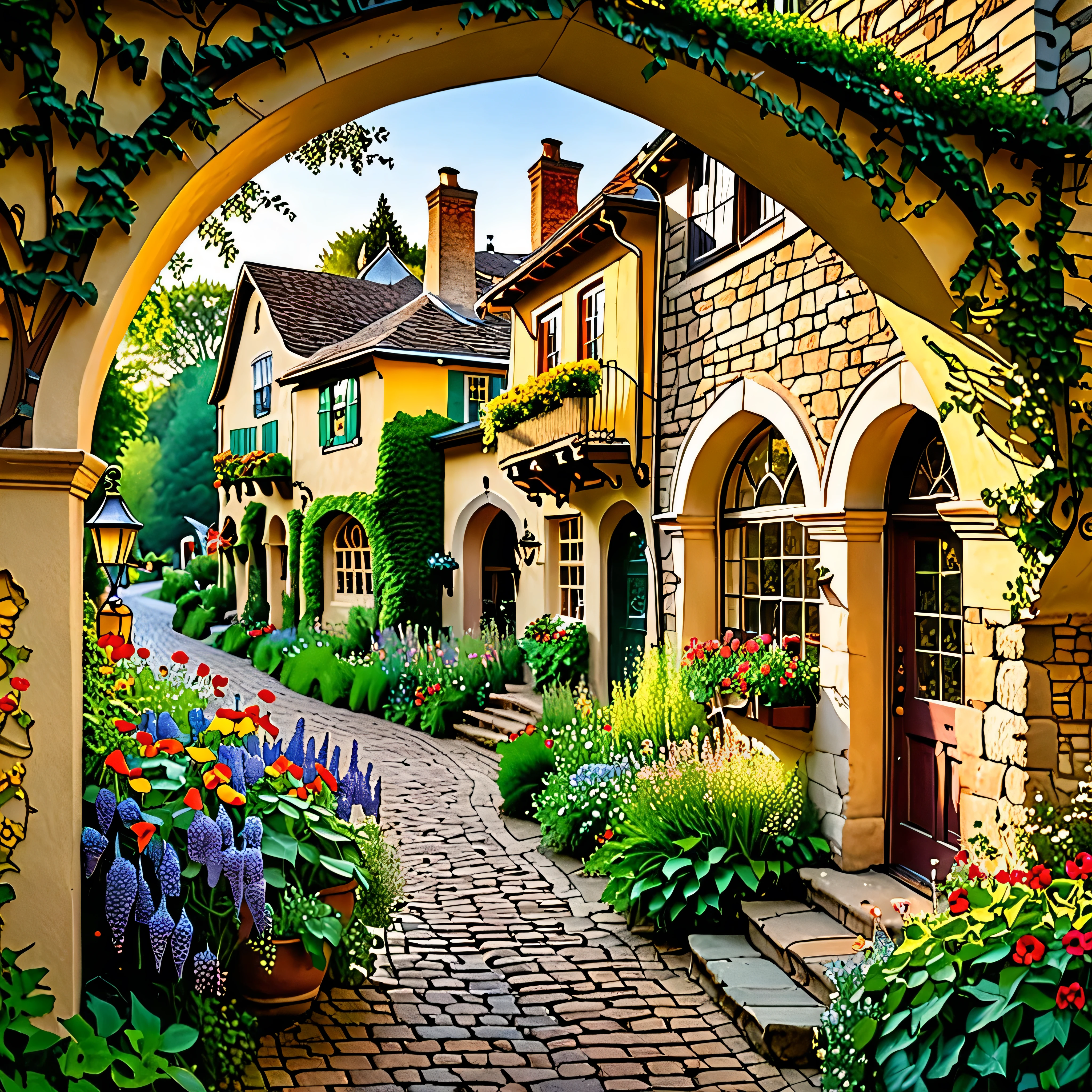 Step into the enchanting heart of Willowbrook Countryside Village as the golden light of dawn bathes Main Street in a warm, ethereal glow, casting long shadows and illuminating the charming old European-style buildings with their whimsical fantasy facades. From your vantage point, framed by the overhanging branches of ancient trees, you capture the scene unfolding before you—a picturesque tapestry of cobblestone streets winding through a landscape bursting with lush greenery and vibrant blooms. As you adjust your camera settings to capture the scene, you notice villagers bustling about their morning routines, their laughter and chatter echoing off the weathered stone walls. Children play in the streets, their laughter mingling with the sweet scent of wildflowers that fills the air. The architecture, adorned with intricate details and blooming window boxes, exudes a timeless elegance, while ivy-clad archways lead to hidden gardens bursting with color. In the distance, a babbling brook meanders through meadows carpeted in a riot of hues, attracting butterflies and birdsong in equal measure. As you press the shutter button, you realize that you've captured more than just a photograph—you've immortalized the magic and wonder of Willowbrook Village, a place where dreams come to life and anything is possible.