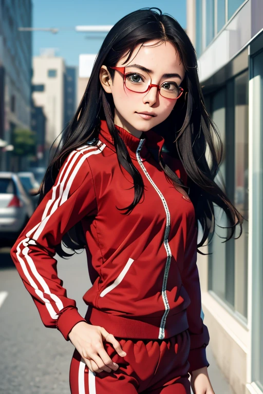 (masterpiece, highest quality), One Girl,  Satou, Satou, Glasses, 赤いフレームのGlasses, Under-rim eyewear, Satou, Glasses, 赤いフレームのGlasses, Under-rim eyewear, Track jacket, Track pants