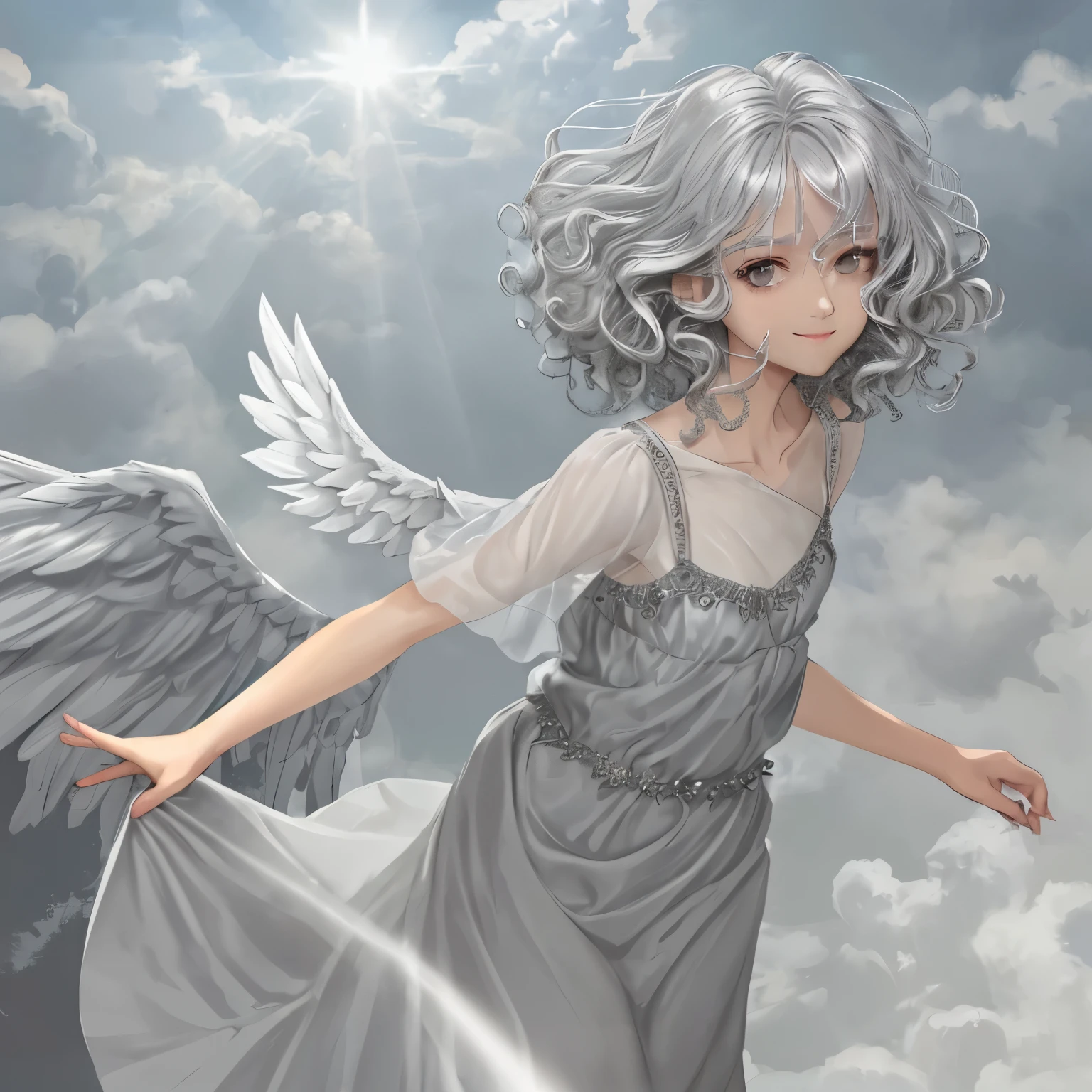 Fair skin, silver hair, short, curly hair, angel, grey dress, gentle smile, sunlight shining through the gaps in the clouds