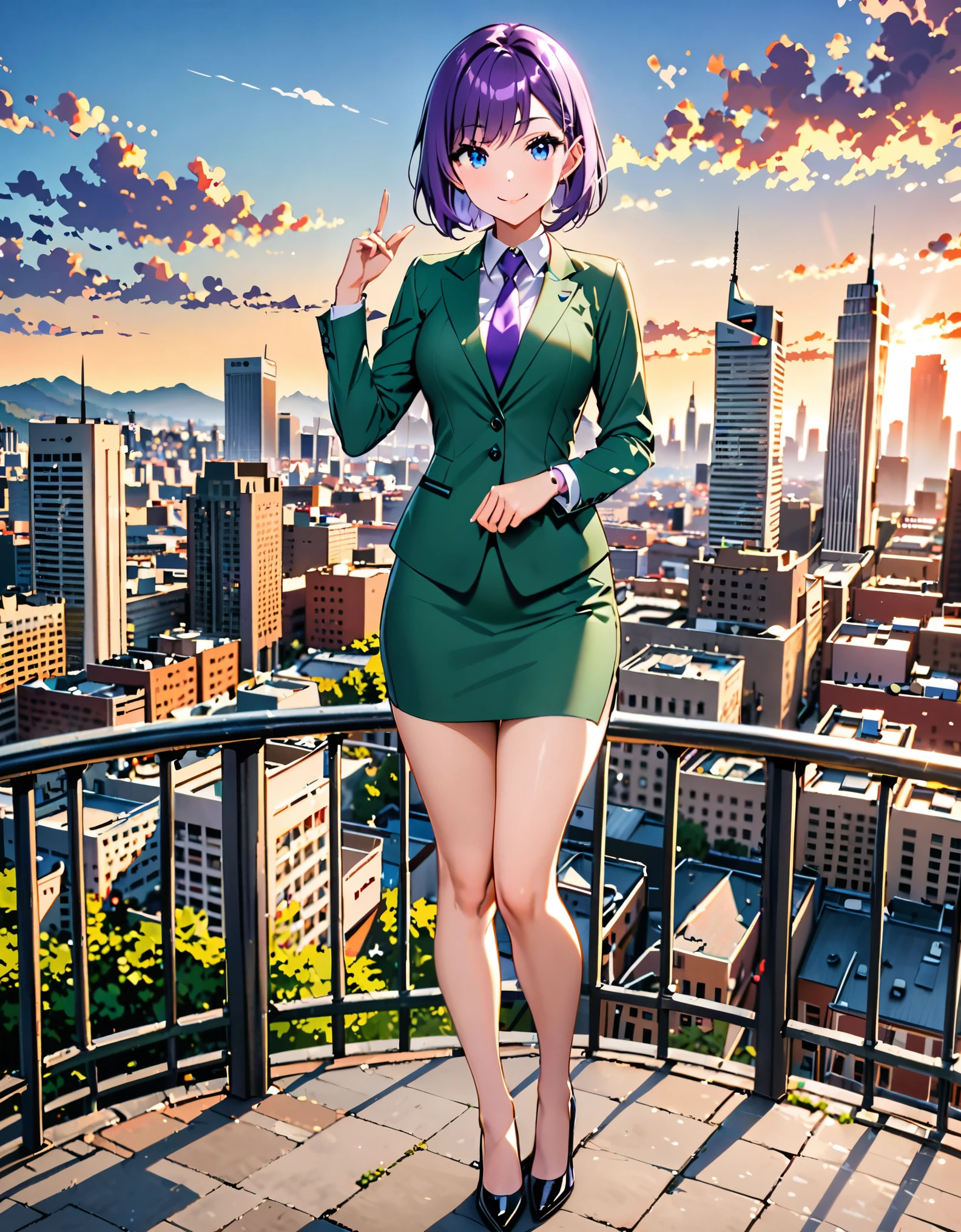 masterpiece, best quality, highres, 1girl, solo, green suit and tie, pencil skirt, miniskirt, bare legs, matching shoes, looking at viewer, city backdrop, perfect hands, perfect eyes, perfect legs, perfect arms, perfect fingers, medium breasts, standing, purple hair, short hair, bob hair, blue eyes, standing, smile, full body with costume, :d
