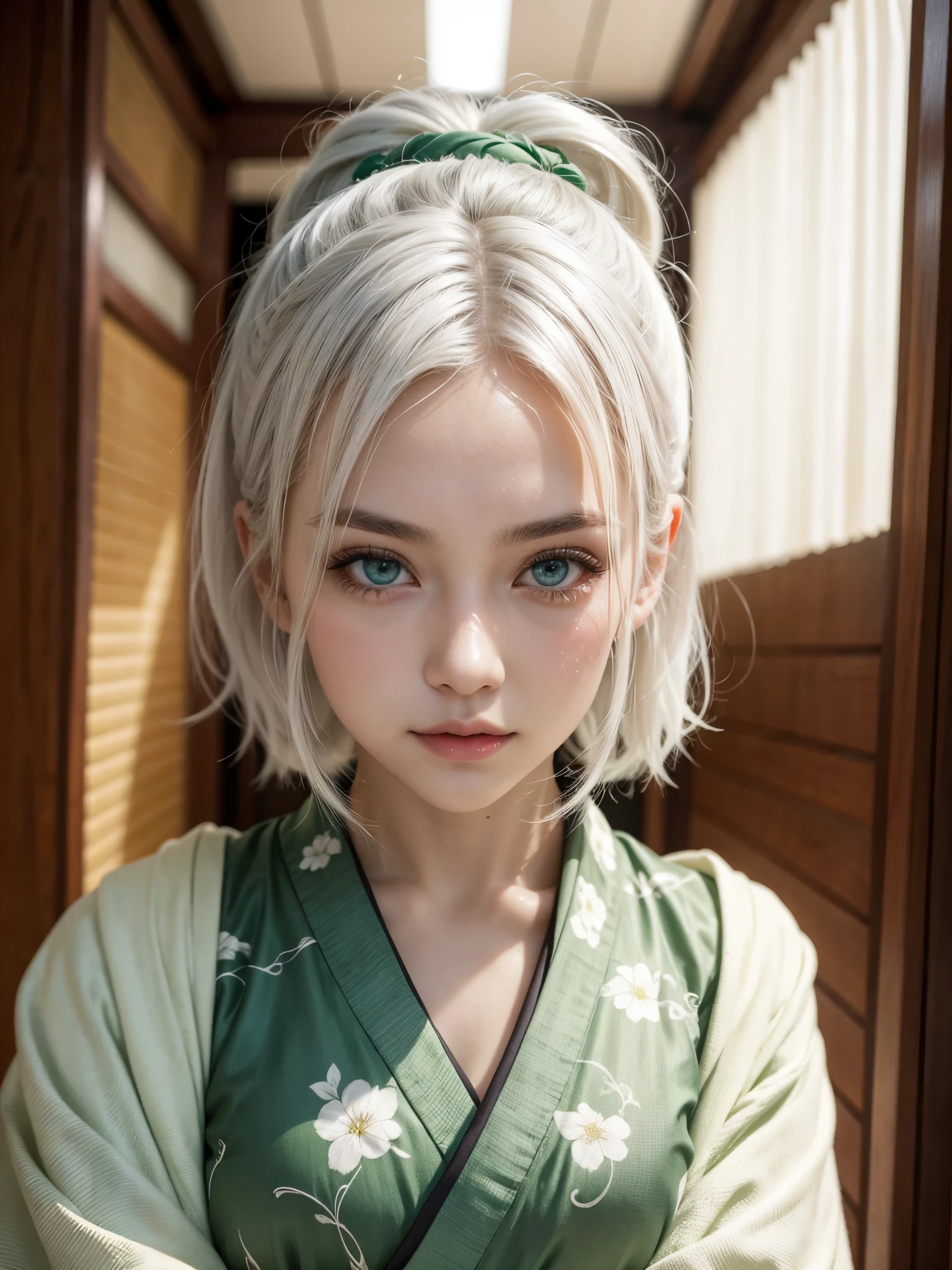 Hot girl, white hair, green eyes , kimono