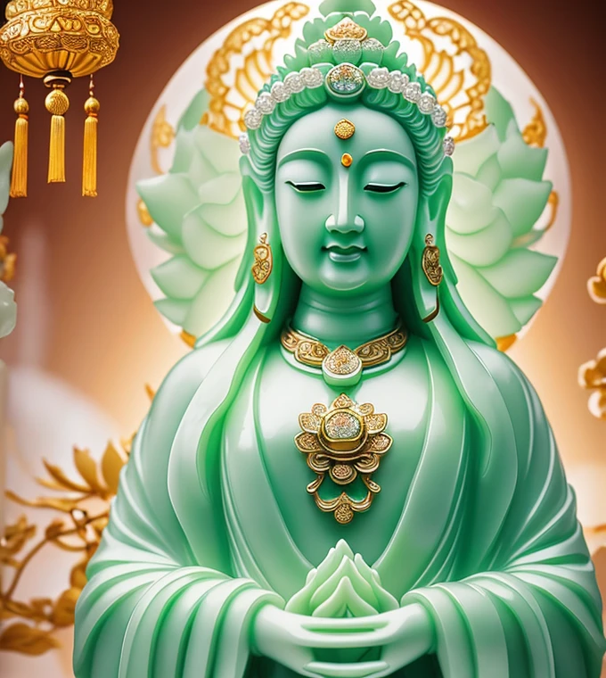 quan yin statue made of white jade and jewery with many hands around ,super detailed, close eyes, detailed hands, detailed face, beatyfull face,shinning crystal clear jade statue, holding a light made of jewery, floating red lotus, chinese haven back ground, haven light, 8k, ultra HD,