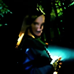 Photo of a woman in a dark forest wearing a hunter's outfit with glowing blue eyes looking at the camera