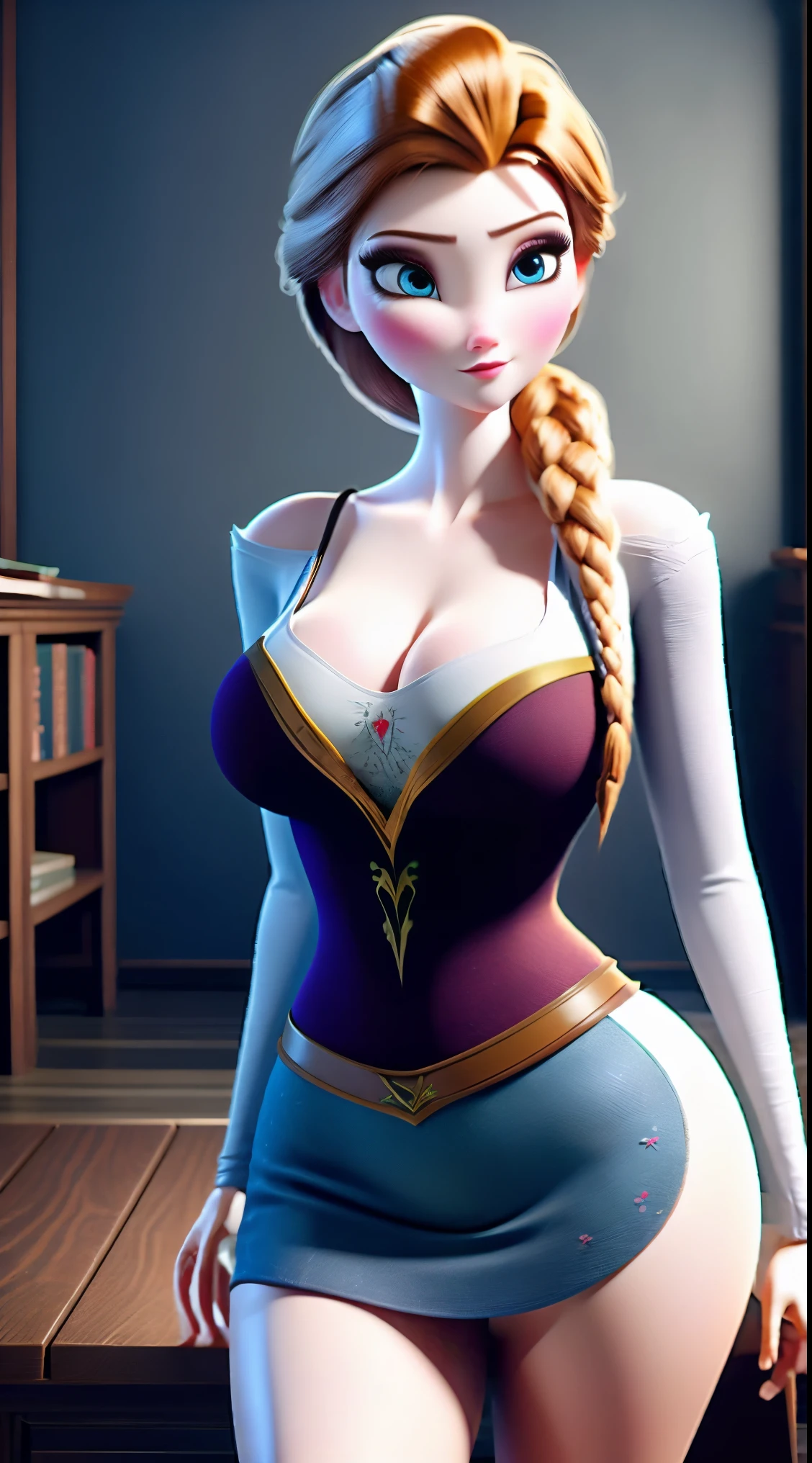 Photo of Anna of Arendelle as a teacher, teacher, teacher clothes, mini dress,  Anna from Disney Frozen movie, tall and sexy, superb face, perfect body, provocative, Nice, show breasts, huge breasts, tall, sexy legs, bursting huge breasts, wide hips, busty, sexy, enormous breasts, happy.