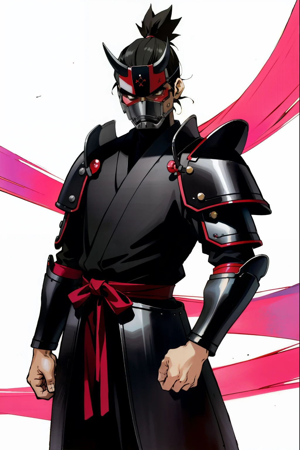 by Ken Sugimori, sugimori 1990s, ((only 1man)), samurai, full plate armor, breastplate, demon samurai mask, full face covered, samurai kabuto, mask, ((hands behind their back)), no kimono, full black pupils, manga, best quality, highly detailed, clean lines, cowboy shot, good hands, good eyes, hd, 8k, professional, symmetrical, hires, 8k,