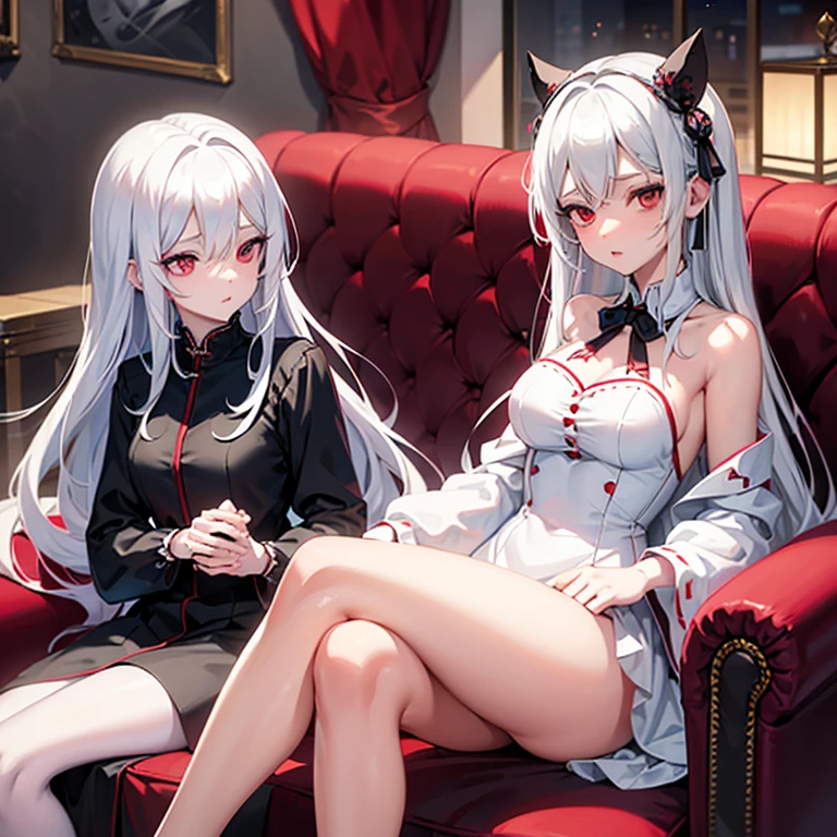 Anime girl with white hair and red eyes sitting on a sofa, , gapmoe yandere, White-haired God, zerochan art, change in dress, Enchanting anime girl, change, by Shimo, , Devil Anime Girl, shikamimi, Anime Moe Art Style, Black