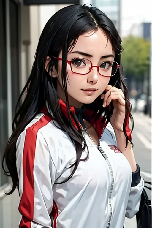 (masterpiece, highest quality), One Girl,  Satou, Satou, Glasses, 赤いフレームのGlasses, Under-rim eyewear, Satou, Glasses, 赤いフレームのGlasses, Under-rim eyewear, Track jacket, Track pants