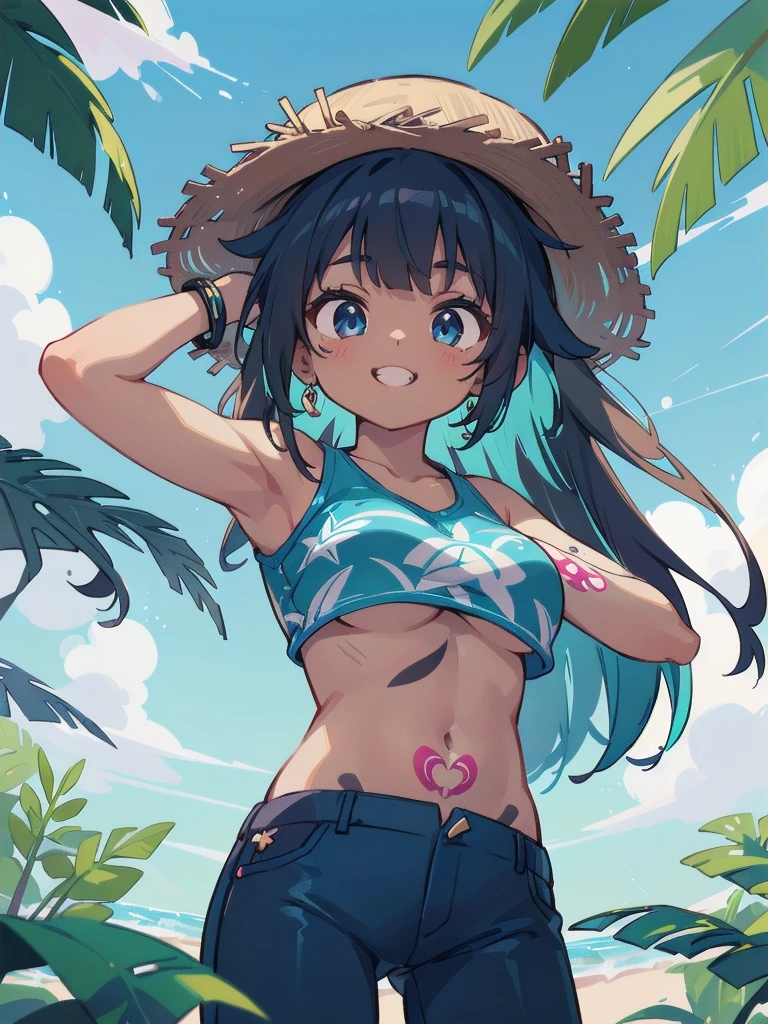 (best quarity,ultra detailed,ultra-high-resolution, absolutely resolution,8k, masterpiece), 20 years old,very-cute-and-beautiful-anime-girl,highly-detailed-face-and-eyes,grin,big-breast,(bust-shot:1.4),(from-below),blue-sky,(dark_skin:1.3),(tribal_tatoo:1.2),(Glossy Oceania Accessories:1.5),(wavy hairs),(messy hair),(asymmetry bangs),(multicolored hair),(blue eyes:1.3),(short-pants-bikini),deep-jungle,toropical flowers,vivid-colors,