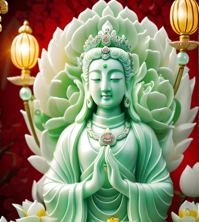 quan yin statue made of white jade and jewery with many hands around ,super detailed, close eyes, detailed hands, detailed face, beatyfull face,shinning crystal clear jade statue, holding a light made of jewery, floating red lotus, chinese haven back ground, haven light, 8k, ultra HD,