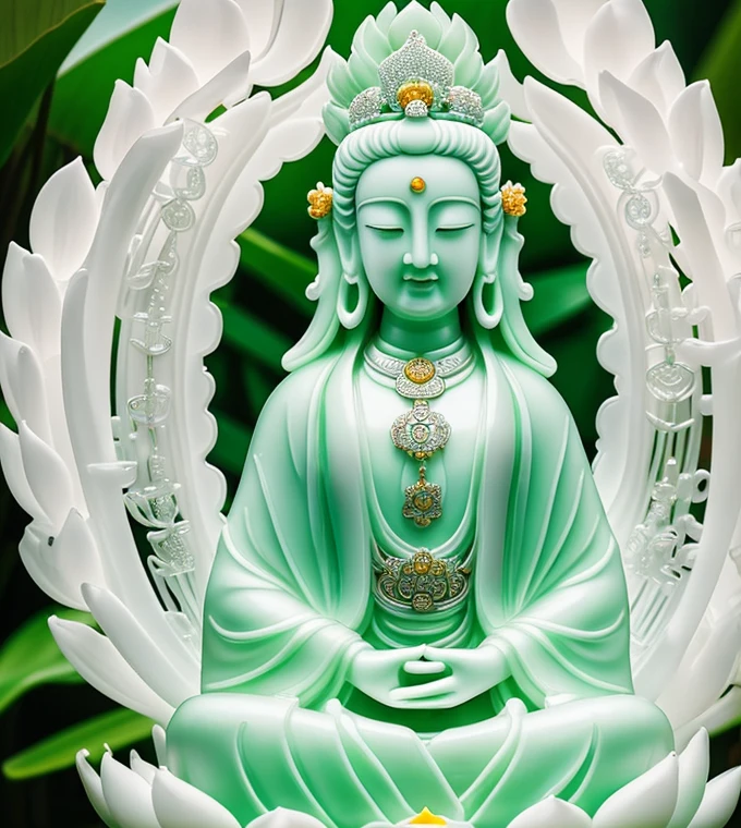 quan yin statue made of white jade and jewery with many hands around ,super detailed, close eyes, detailed hands, detailed face, beatyfull face,shinning crystal clear jade statue, holding a light made of jewery, floating red lotus, chinese haven back ground, haven light, 8k, ultra HD,