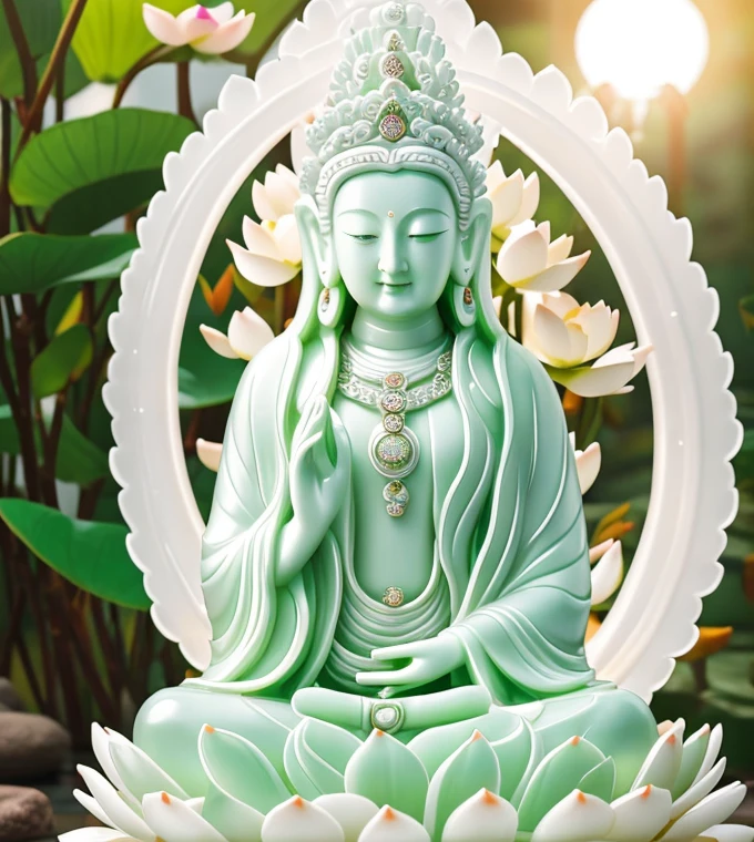 
 quan yin statue made of  white jade and jewery with many hands around ,super detailed, close eyes, detailed hands, detailed face, beatyfull face,shinning crystal clear jade statue, holding a light made of jewery, floating red lotus, chinese haven back ground, haven light, 8k, ultra HD, 