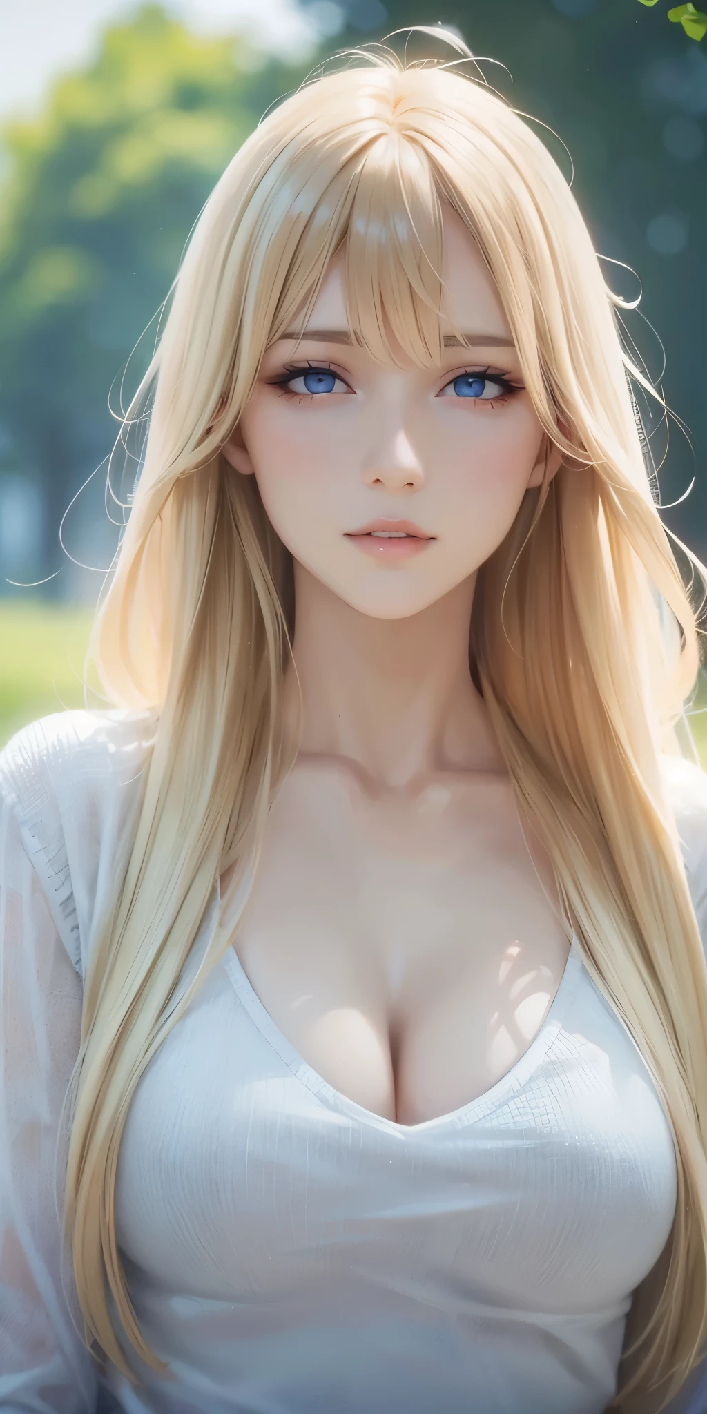 Upper body, elegant, adult woman, long neck, long blonde hair, bangs, casual outfit, cleavage, blue eyes, soft light, high quality, 4k resolution