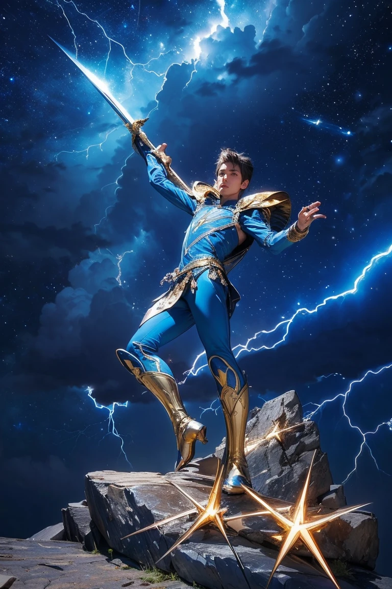 highest quality, masterpiece, Realistic, High resolution, 8K RAW Photos, 1人のmaleの子、male,Has a decorated sword、Raise your sword、(Blue bodysuit with lightning motif、Gold Edge)、Gold Pendant、(((Action pose)))、(On a rock on a planet with solar system visible)、(Many lightning bolts in the starry sky:1.2)