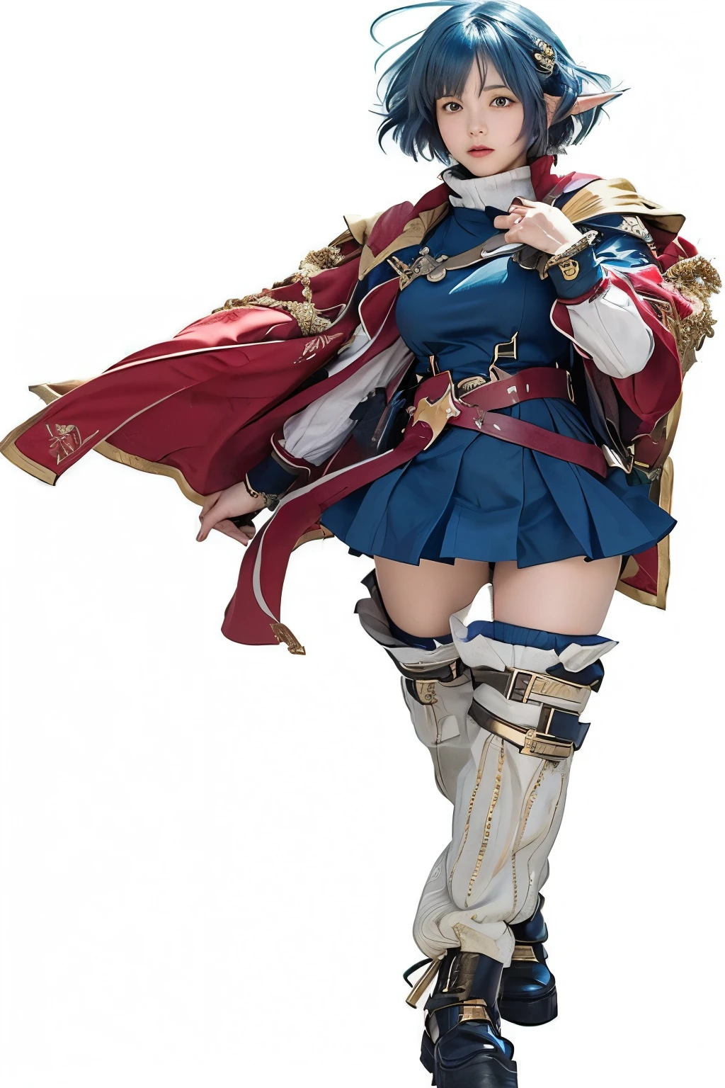 Rena Lanford from Star Ocean the Second Story R is standing, wearing a short green skirt, red cape, a white long-sleeved turtleneck shirt with a blue tunic. Rena has elf ears, short blue hair that's slightly longer on the left side, and a gold-colored crescent moon-shaped hairpin over her left ear.