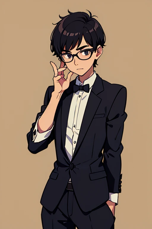 young boy with short black hair wearing glasses looking smart thinking with hand on chin