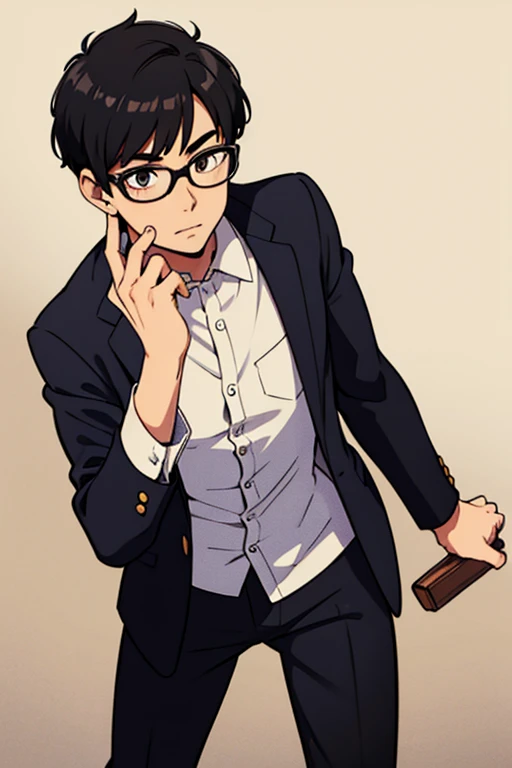 young boy with short black hair wearing glasses looking smart thinking with hand on chin