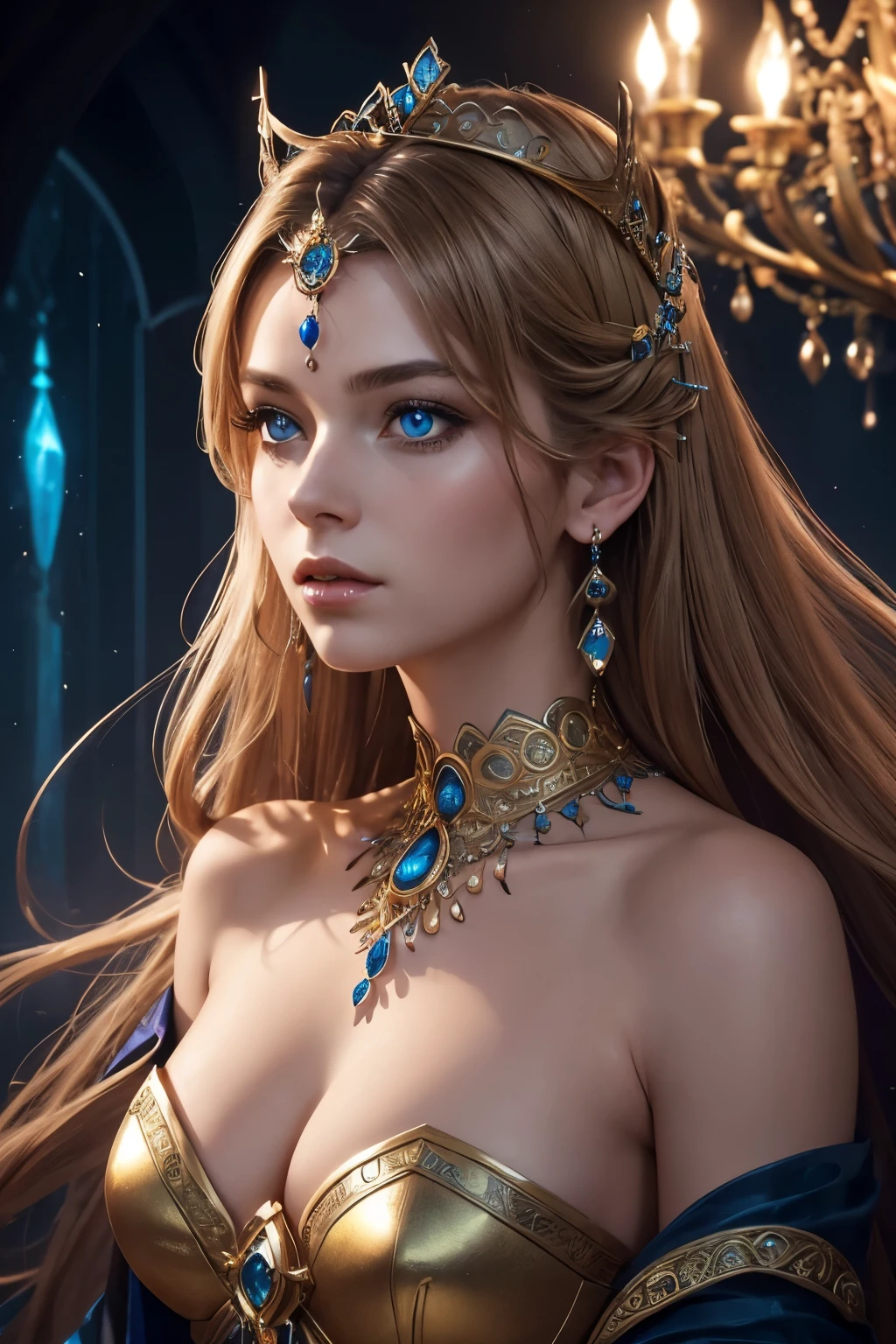 (((A warrior and seductive queen))), her silhouette dances with supernatural grace, every detail is a whimsical mix of lights and fascination. Half body. Dark blonde hair and deep blue eyes. A digital painting captures your essence, displaying vibrant tones and intricate details that draw viewers in. Her ethereal form is adorned with a tangle of precious stones and shimmering gold, her eyes a hypnotic swirl. This captivating image evokes a sense of mystery and enchantment, inviting viewers to lose themselves in its enchanting gaze.