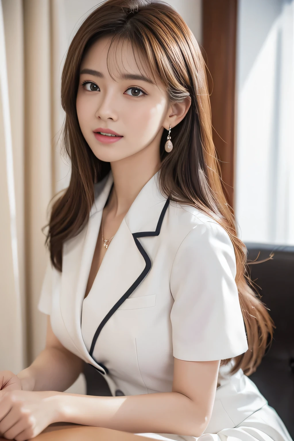 (1 female), beautiful, Great face and eyes, Compensate, (Very detailedbeautiful顔), Captivating smile, (highest quality:1.4), (Very detailed), (very detailed CG synthesis 8k wallpaper), Very detailed, RAW Photos, Professional photography, (Dark suit, White mini skirt:1.2), (A business shirt with a wide open chest), length, light brown, Messy Hair、Big earrings、Close-up、