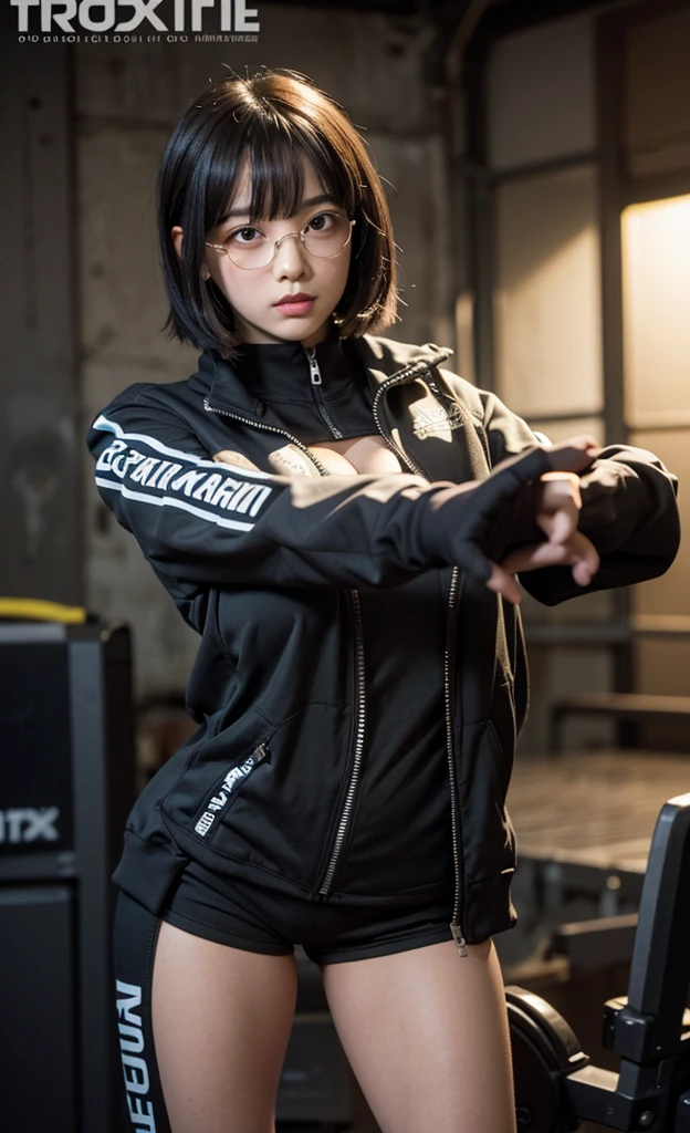 realistic, 1girl, black eye glasses, dark abandoned warehouse backgroud, bob hair, hair bangs, tight and fitted yellow tracksuit, tracksuit half unzip, , big bust, tummies, bellybutton, camouflage fitted shorts, tights, knees, fitted outfit, arm sleeves fitted,