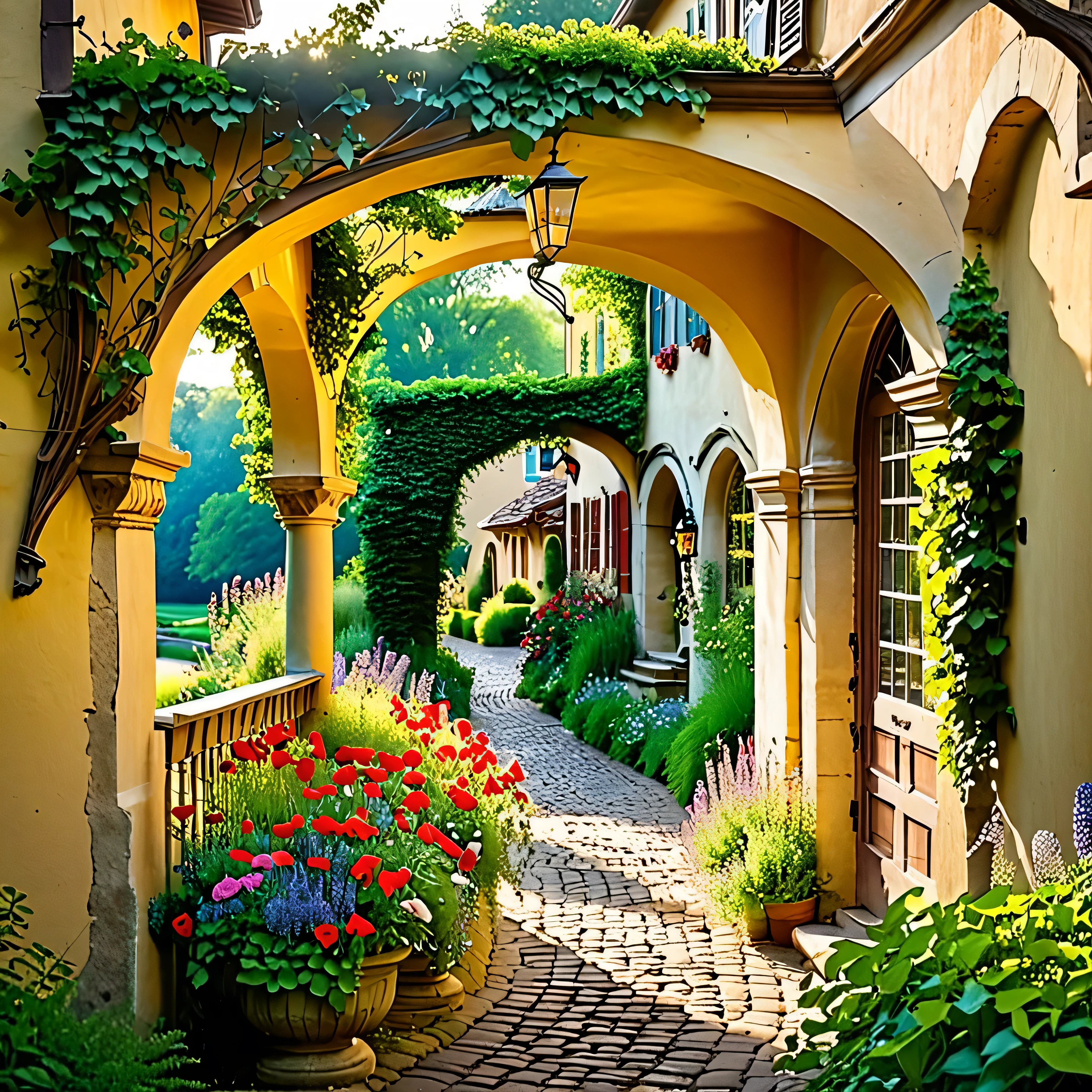 Step into the enchanting heart of Willowbrook Countryside Village as the golden light of dawn bathes Main Street in a warm, ethereal glow, casting long shadows and illuminating the charming old European-style buildings with their whimsical fantasy facades. From your vantage point, framed by the overhanging branches of ancient trees, you capture the scene unfolding before you—a picturesque tapestry of cobblestone streets winding through a landscape bursting with lush greenery and vibrant blooms. As you adjust your camera settings to capture the scene, you notice villagers bustling about their morning routines, their laughter and chatter echoing off the weathered stone walls. Children play in the streets, their laughter mingling with the sweet scent of wildflowers that fills the air. The architecture, adorned with intricate details and blooming window boxes, exudes a timeless elegance, while ivy-clad archways lead to hidden gardens bursting with color. In the distance, a babbling brook meanders through meadows carpeted in a riot of hues, attracting butterflies and birdsong in equal measure. As you press the shutter button, you realize that you've captured more than just a photograph—you've immortalized the magic and wonder of Willowbrook Village, a place where dreams come to life and anything is possible.