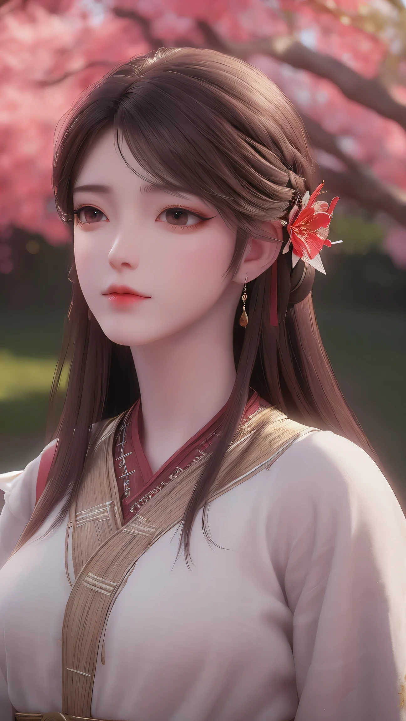 (best quality,ultra-detailed,photorealistic:1.37),vivid colors,studio lighting,beautiful detailed eyes,beautiful detailed lips,extremely detailed eyes and face,long eyelashes,portraits,brown hair,confident expression,feminine,standing in a garden,soft sunlight, scenery,flower blossoms,peaceful atmosphere,artistic touch,textured brushstrokes,subtle color variations,brilliant white highlights,delicate movements,graceful pose,slight breeze,rustling leaves,sophisticated style,professional artwork,female beauty.