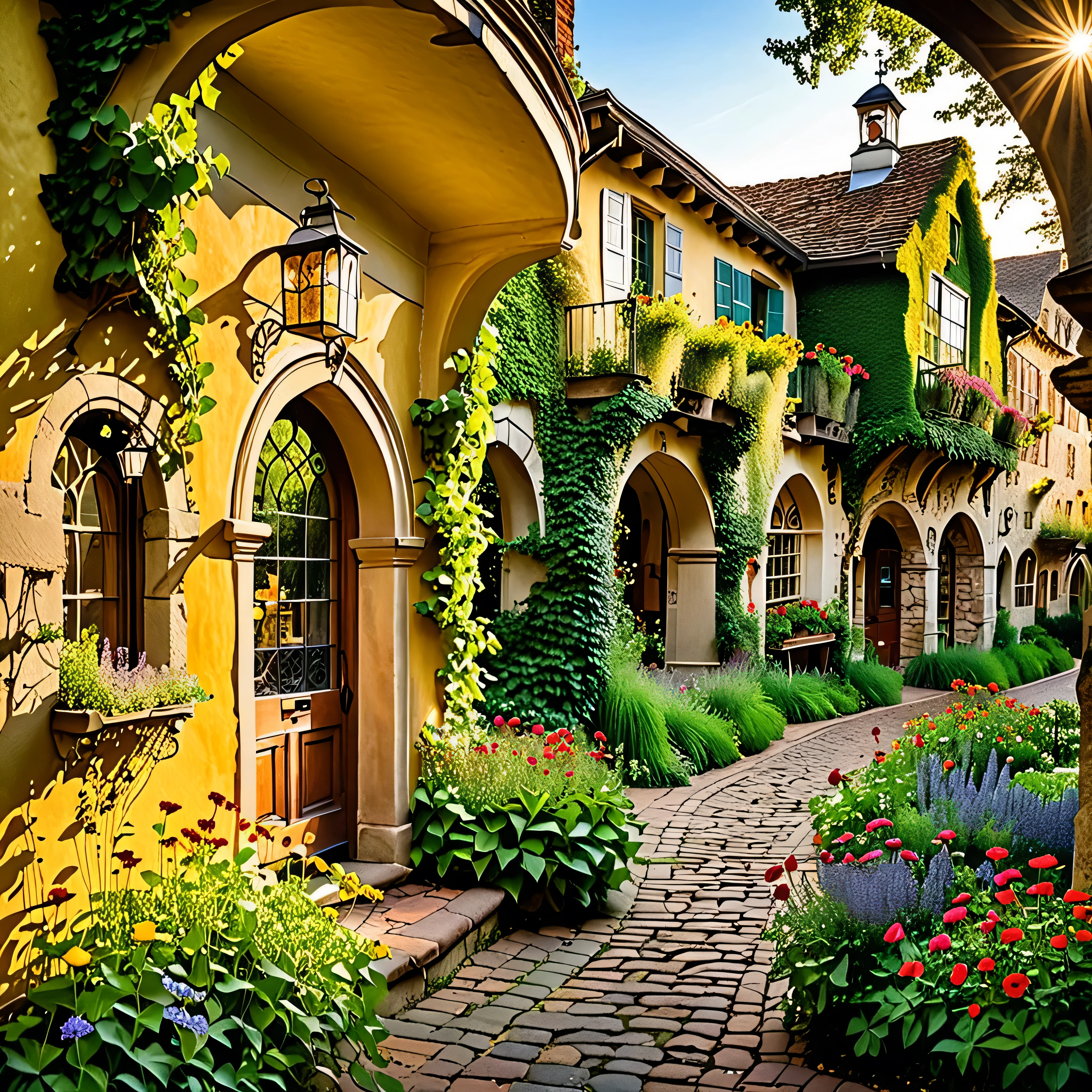 Step into the enchanting heart of Willowbrook Countryside Village as the golden light of dawn bathes Main Street in a warm, ethereal glow, casting long shadows and illuminating the charming old European-style buildings with their whimsical fantasy facades. From your vantage point, framed by the overhanging branches of ancient trees, you capture the scene unfolding before you—a picturesque tapestry of cobblestone streets winding through a landscape bursting with lush greenery and vibrant blooms. As you adjust your camera settings to capture the scene, you notice villagers bustling about their morning routines, their laughter and chatter echoing off the weathered stone walls. Children play in the streets, their laughter mingling with the sweet scent of wildflowers that fills the air. The architecture, adorned with intricate details and blooming window boxes, exudes a timeless elegance, while ivy-clad archways lead to hidden gardens bursting with color. In the distance, a babbling brook meanders through meadows carpeted in a riot of hues, attracting butterflies and birdsong in equal measure. As you press the shutter button, you realize that you've captured more than just a photograph—you've immortalized the magic and wonder of Willowbrook Village, a place where dreams come to life and anything is possible.