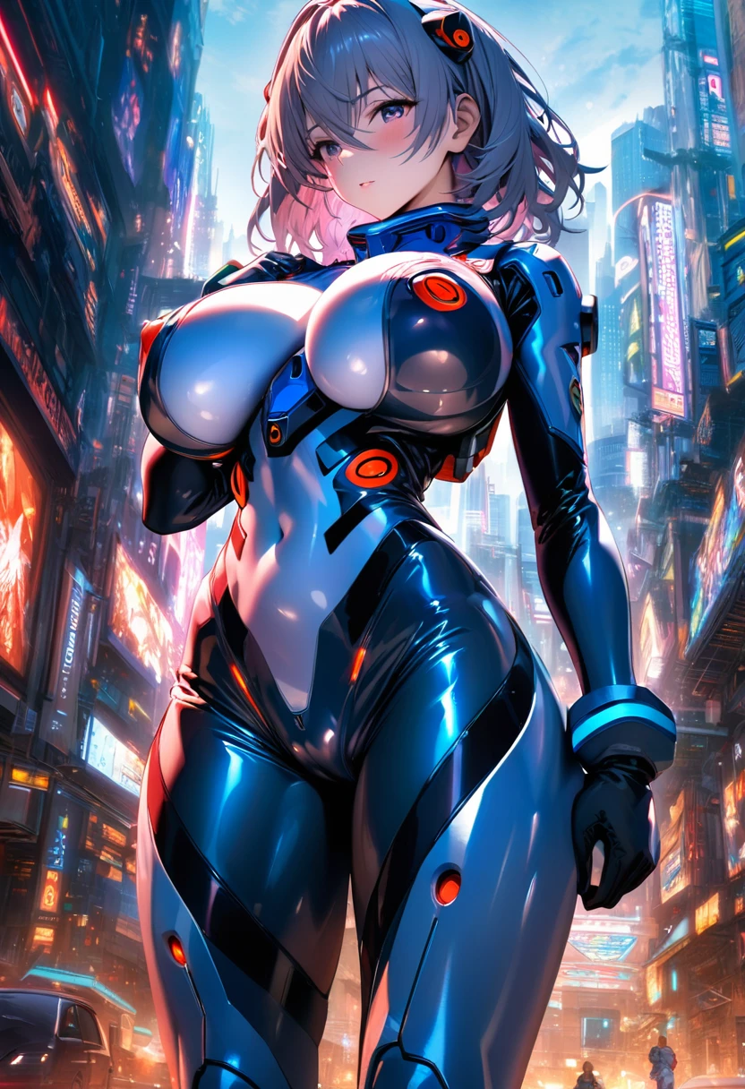 Evangelion plug-in suit male focus Nagisa Kaworu pilot suit big breasts breast enhancement standing alone in the sci-fi city full-body shot ultra-detailed, HDR, vibrant colors, soft lighting