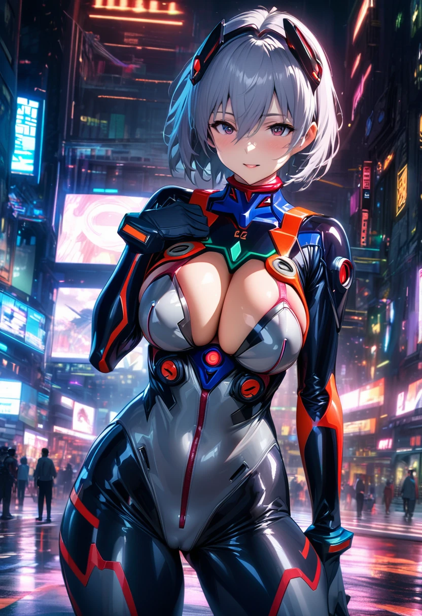 Evangelion plug-in suit male focus Nagisa Kaworu pilot suit big breasts breast enhancement standing alone in the sci-fi city full-body shot ultra-detailed, HDR, vibrant colors, soft lighting