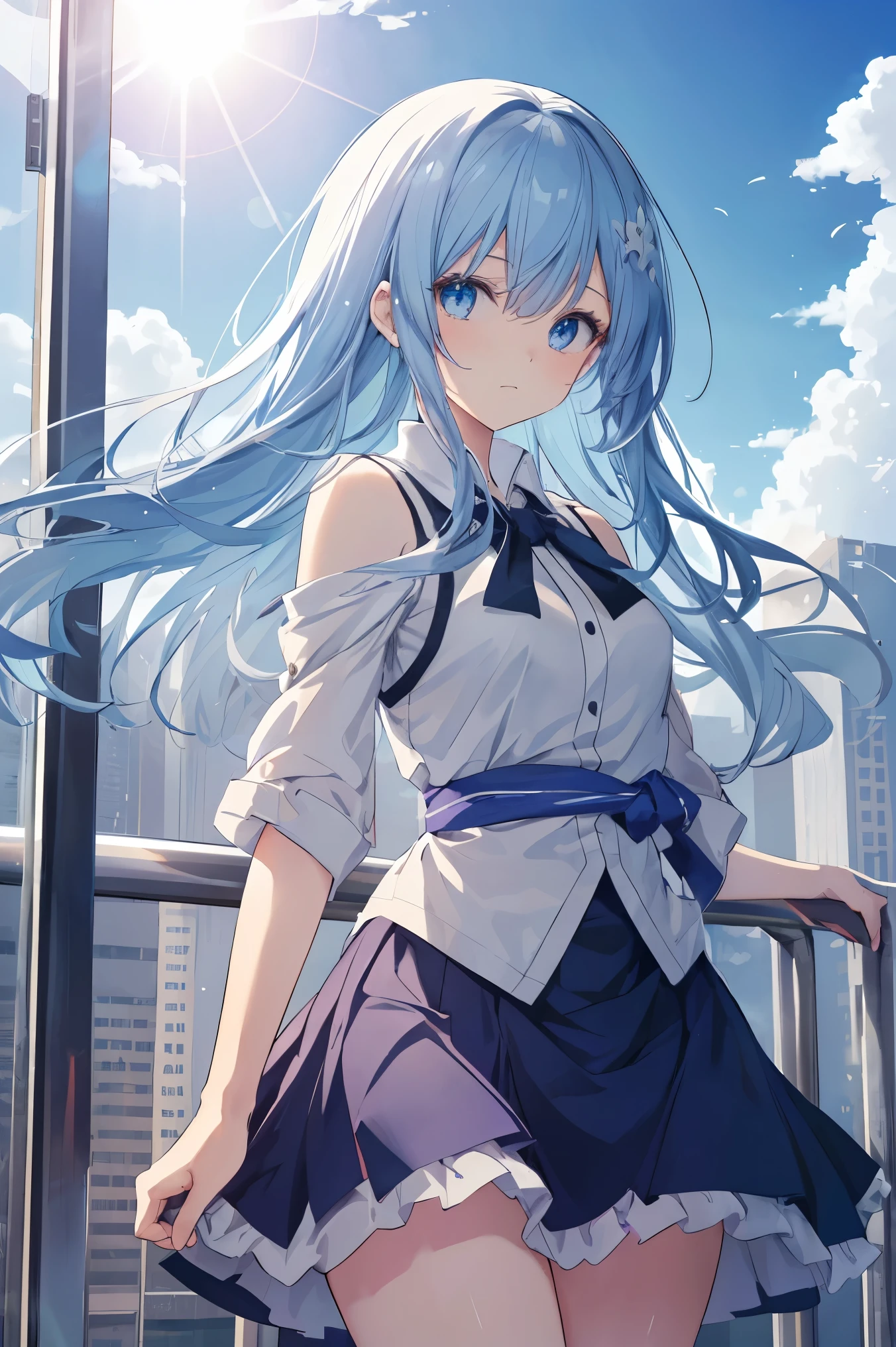 absurderes, hight resolution, (Anime style:1.1), ((masutepiece)), ((Best Quality)), (Ultra-detailed), (Beautiful), solo, Beautiful face、(liftup)、Cute looking at the view from the top of a skyscraper that is closer to the atmosphere,Wind,Thin White colorful long hair,, Blue Eyes,Lens Flare,Dramatic,Detailed Ancient City、Skirt fluttering in the wind、Clouds below looking down、(Don't look here:1.4)
