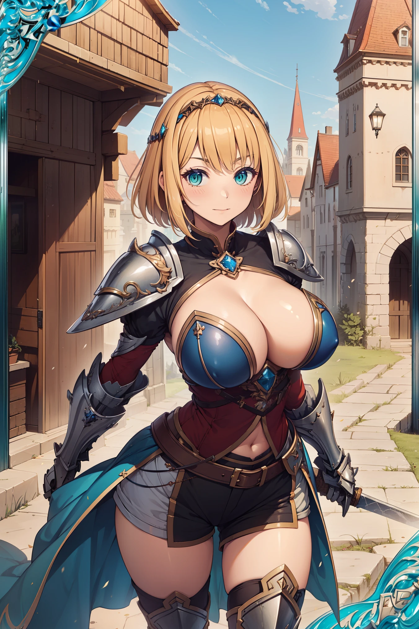 (Best quality, A high resolution, Textured skin, High quality, High details, Extremely detailed CG unity), (female) Enchanted，having fun，Being in love，knight in fantasy world, green eyes, blonde hair, short hair, hair decoration, shorts, serious looking, metal armor, knight armor, female knight, solo person，Dazzle, woman, beautiful, (in kingdom), detailed castle scene, (holding huge medieval sword), huge sword, anatomically correct huge sword, outside